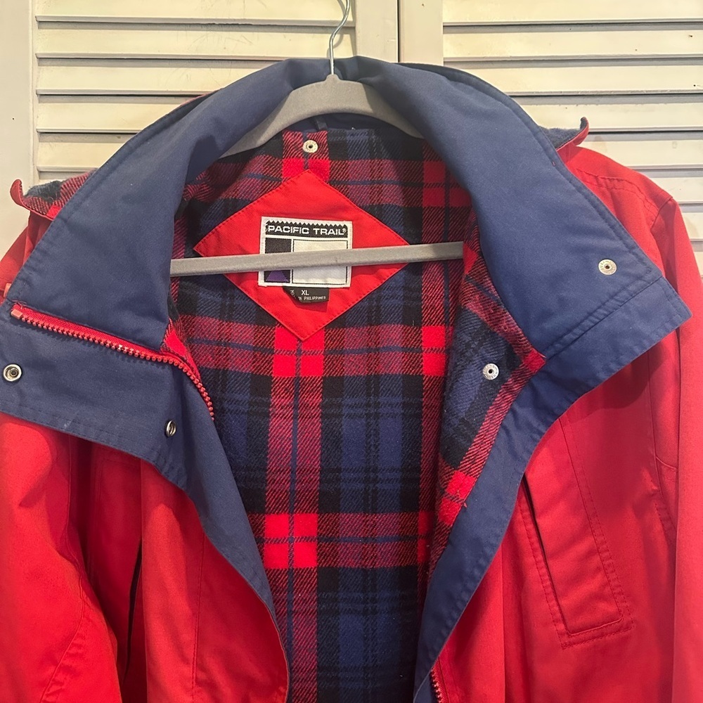 Pacific Trail Red Jacket with Navy Trim and Plaid Lining